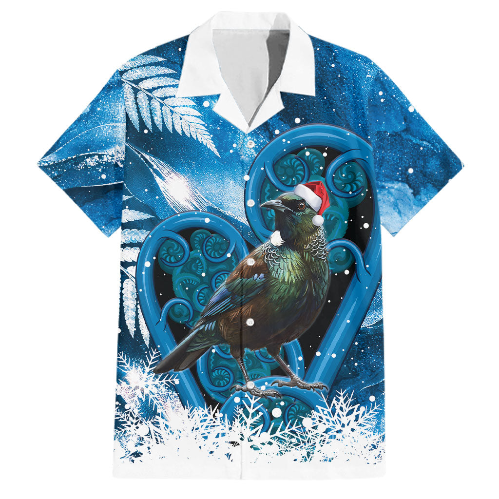 Tui Bird New Zealand Christmas In July Family Matching Puletasi and Hawaiian Shirt NZ Aroha Koru Fern Marble Vibes LT14 Dad's Shirt - Short Sleeve Blue - Polynesian Pride