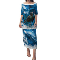 Tui Bird New Zealand Christmas In July Family Matching Puletasi and Hawaiian Shirt NZ Aroha Koru Fern Marble Vibes LT14 Mom's Dress Blue - Polynesian Pride