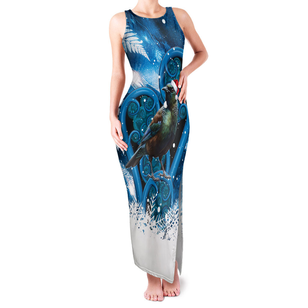 Tui Bird New Zealand Christmas In July Family Matching Tank Maxi Dress and Hawaiian Shirt NZ Aroha Koru Fern Marble Vibes LT14 Mom's Dress Blue - Polynesian Pride