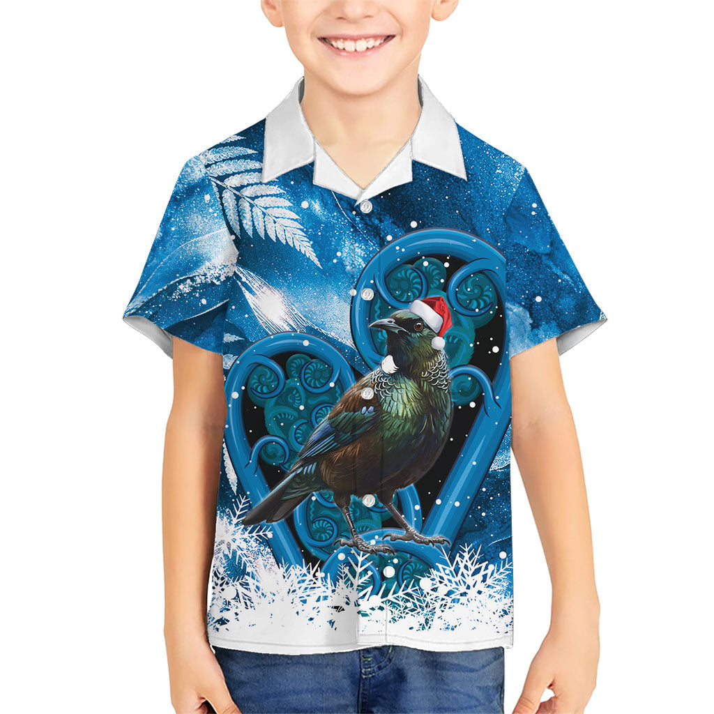Tui Bird New Zealand Christmas In July Kid Hawaiian Shirt NZ Aroha Koru Fern Marble Vibes LT14 Kid Blue - Polynesian Pride