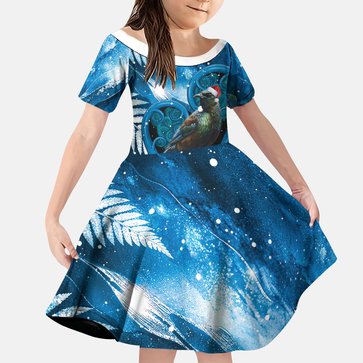 Tui Bird New Zealand Christmas In July Kid Short Sleeve Dress NZ Aroha Koru Fern Marble Vibes
