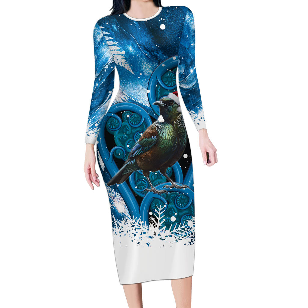Tui Bird New Zealand Christmas In July Long Sleeve Bodycon Dress NZ Aroha Koru Fern Marble Vibes LT14 Long Dress Blue - Polynesian Pride