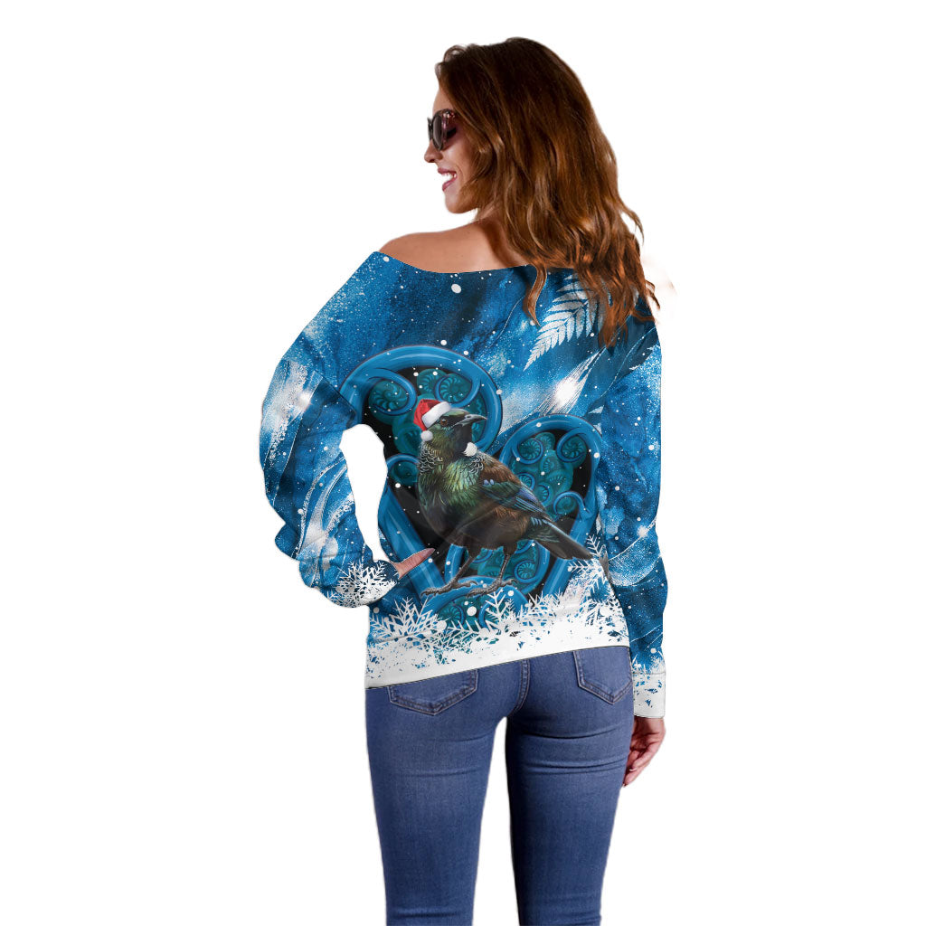 Tui Bird New Zealand Christmas In July Off Shoulder Sweater NZ Aroha Koru Fern Marble Vibes