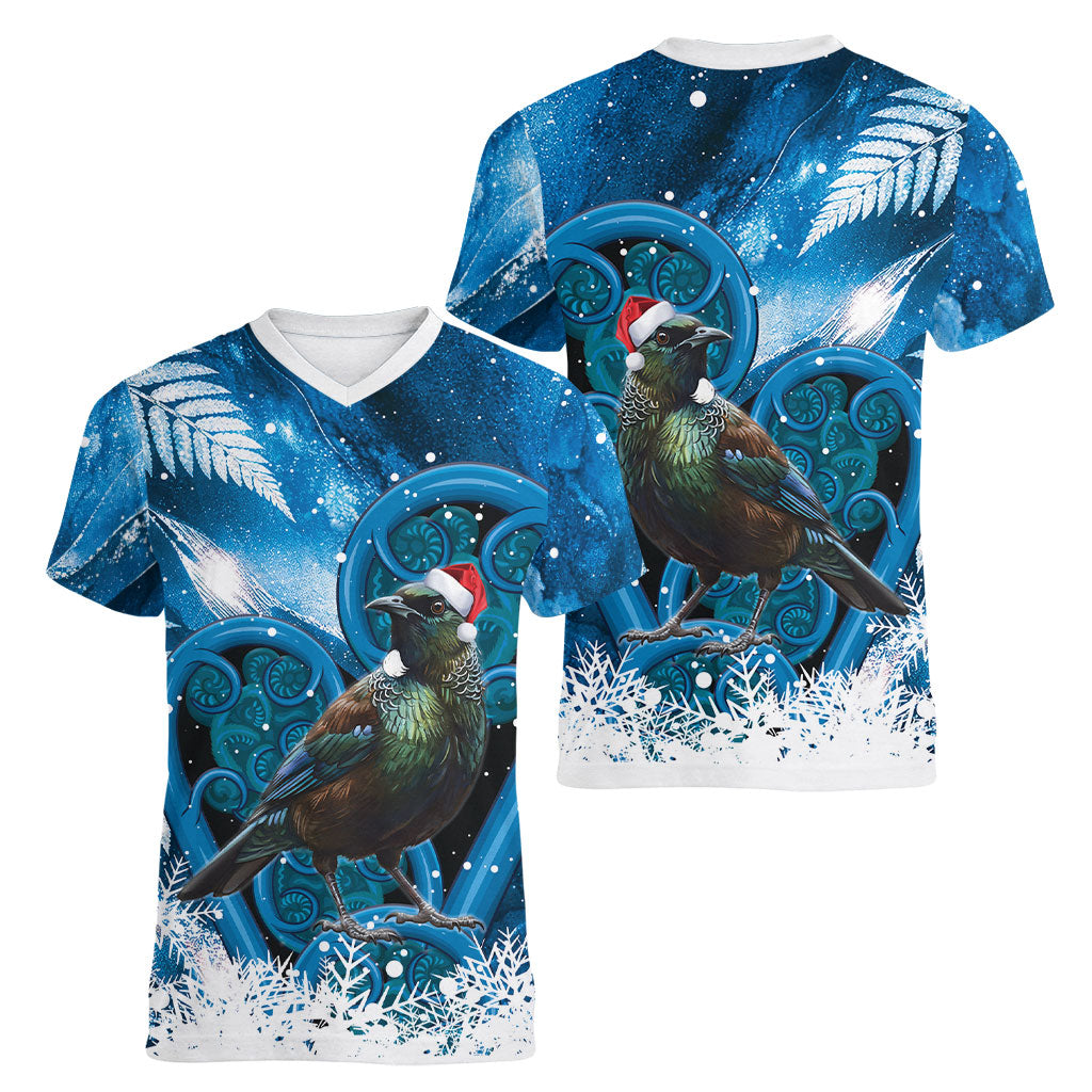 Tui Bird New Zealand Christmas In July Women V-Neck T-Shirt NZ Aroha Koru Fern Marble Vibes LT14 - Polynesian Pride