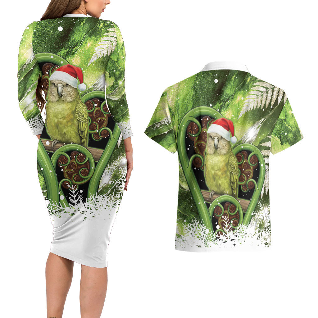 Kakapo New Zealand Christmas In July Couples Matching Long Sleeve Bodycon Dress and Hawaiian Shirt NZ Aroha Koru Fern Marble Vibes LT14 - Polynesian Pride