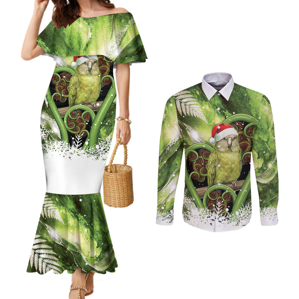 Kakapo New Zealand Christmas In July Couples Matching Mermaid Dress and Long Sleeve Button Shirt NZ Aroha Koru Fern Marble Vibes LT14 Green - Polynesian Pride