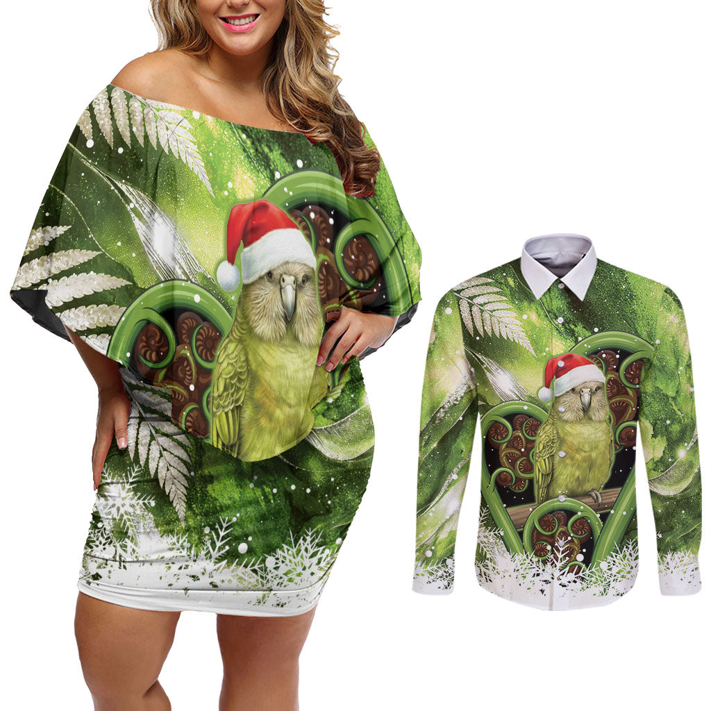 Kakapo New Zealand Christmas In July Couples Matching Off Shoulder Short Dress and Long Sleeve Button Shirt NZ Aroha Koru Fern Marble Vibes LT14 Green - Polynesian Pride