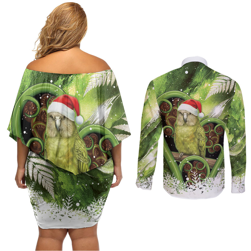 Kakapo New Zealand Christmas In July Couples Matching Off Shoulder Short Dress and Long Sleeve Button Shirt NZ Aroha Koru Fern Marble Vibes LT14 - Polynesian Pride