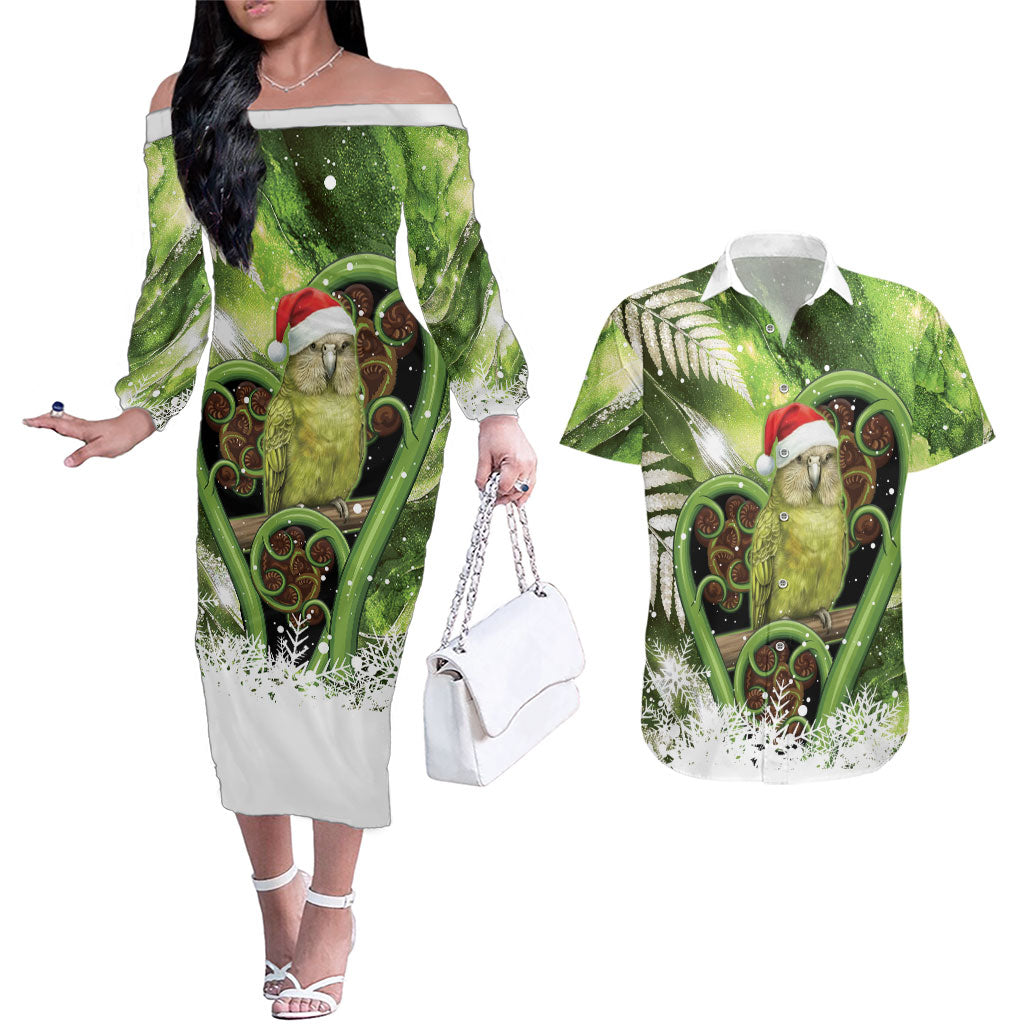 Kakapo New Zealand Christmas In July Couples Matching Off The Shoulder Long Sleeve Dress and Hawaiian Shirt NZ Aroha Koru Fern Marble Vibes LT14 Green - Polynesian Pride