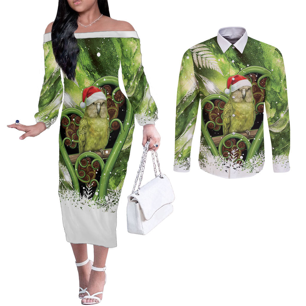 Kakapo New Zealand Christmas In July Couples Matching Off The Shoulder Long Sleeve Dress and Long Sleeve Button Shirt NZ Aroha Koru Fern Marble Vibes LT14 Green - Polynesian Pride