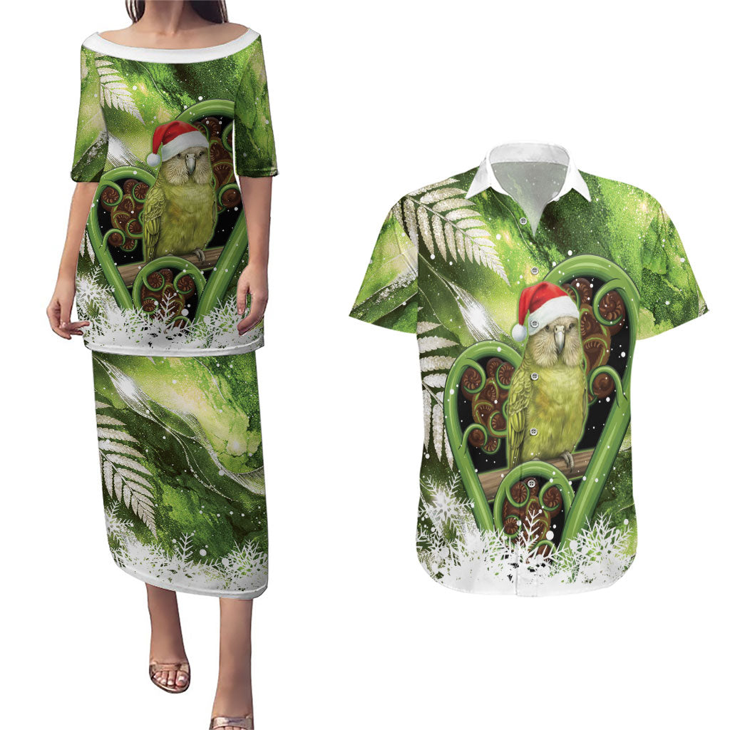 Kakapo New Zealand Christmas In July Couples Matching Puletasi and Hawaiian Shirt NZ Aroha Koru Fern Marble Vibes LT14 Green - Polynesian Pride