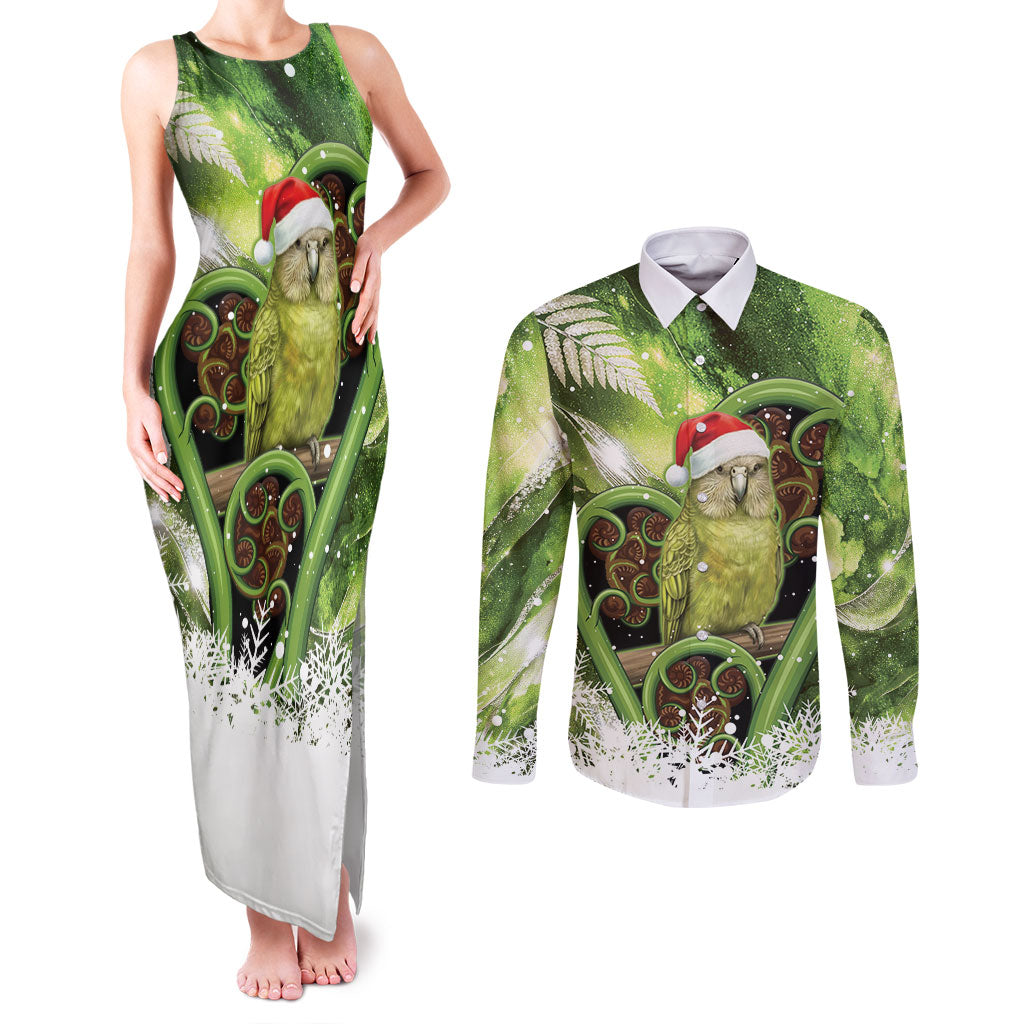 Kakapo New Zealand Christmas In July Couples Matching Tank Maxi Dress and Long Sleeve Button Shirt NZ Aroha Koru Fern Marble Vibes LT14 Green - Polynesian Pride