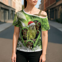 Kakapo New Zealand Christmas In July Cross Shoulder Shirt NZ Aroha Koru Fern Marble Vibes LT14 - Polynesian Pride