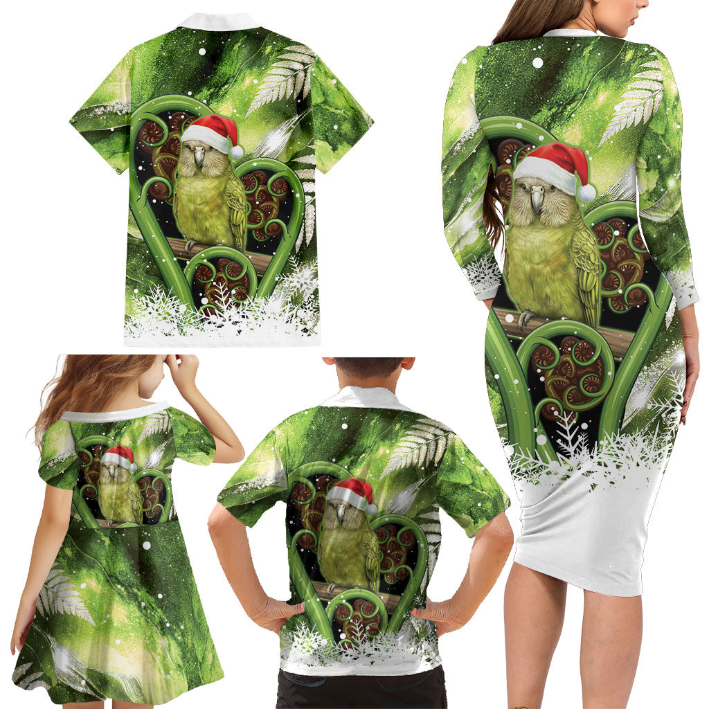 Kakapo New Zealand Christmas In July Family Matching Long Sleeve Bodycon Dress and Hawaiian Shirt NZ Aroha Koru Fern Marble Vibes LT14 - Polynesian Pride