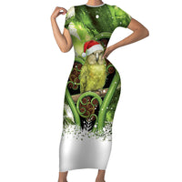 Kakapo New Zealand Christmas In July Family Matching Short Sleeve Bodycon Dress and Hawaiian Shirt NZ Aroha Koru Fern Marble Vibes LT14 Mom's Dress Green - Polynesian Pride