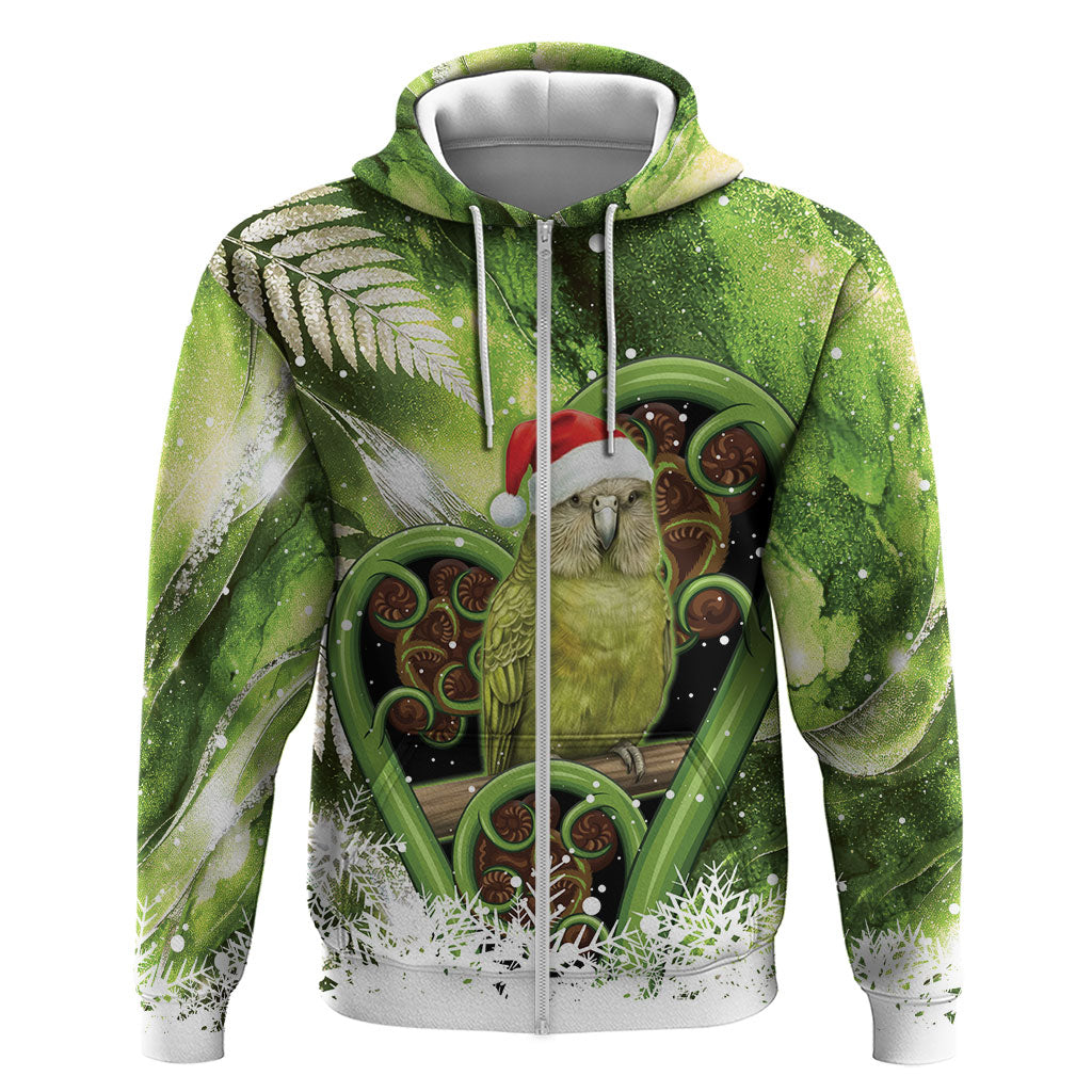Kakapo New Zealand Christmas In July Hoodie NZ Aroha Koru Fern Marble Vibes LT14 Zip Hoodie Green - Polynesian Pride
