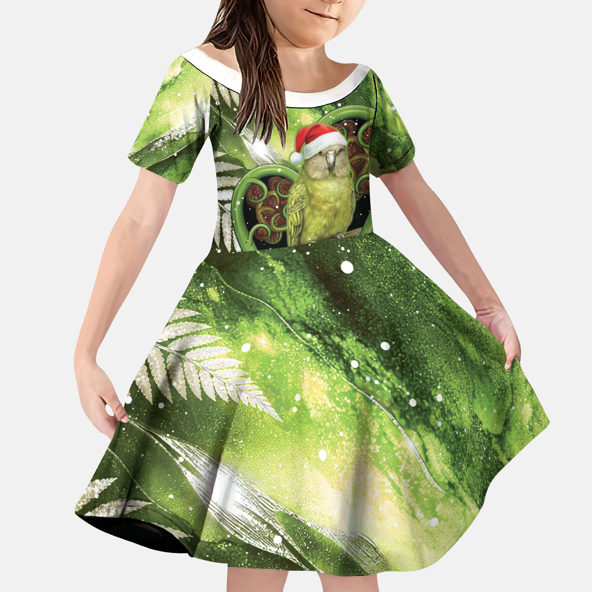 Kakapo New Zealand Christmas In July Kid Short Sleeve Dress NZ Aroha Koru Fern Marble Vibes LT14 KID Green - Polynesian Pride