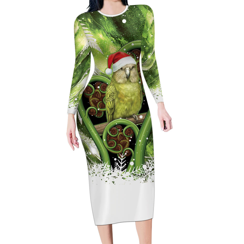 Kakapo New Zealand Christmas In July Long Sleeve Bodycon Dress NZ Aroha Koru Fern Marble Vibes LT14 Long Dress Green - Polynesian Pride