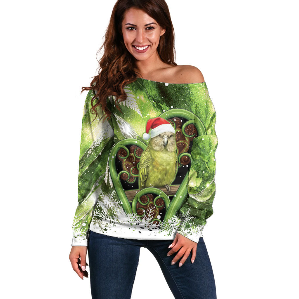 Kakapo New Zealand Christmas In July Off Shoulder Sweater NZ Aroha Koru Fern Marble Vibes LT14 Women Green - Polynesian Pride