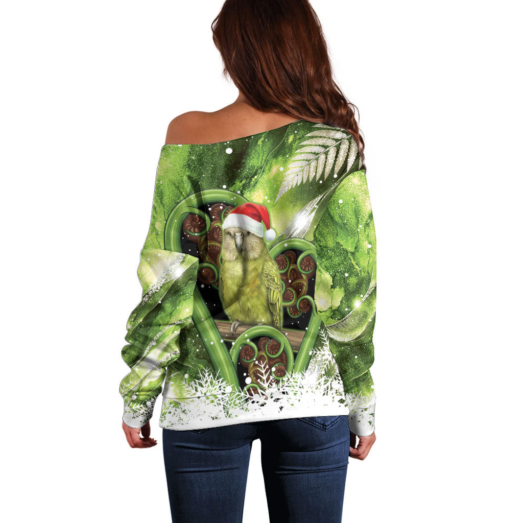 Kakapo New Zealand Christmas In July Off Shoulder Sweater NZ Aroha Koru Fern Marble Vibes LT14 - Polynesian Pride