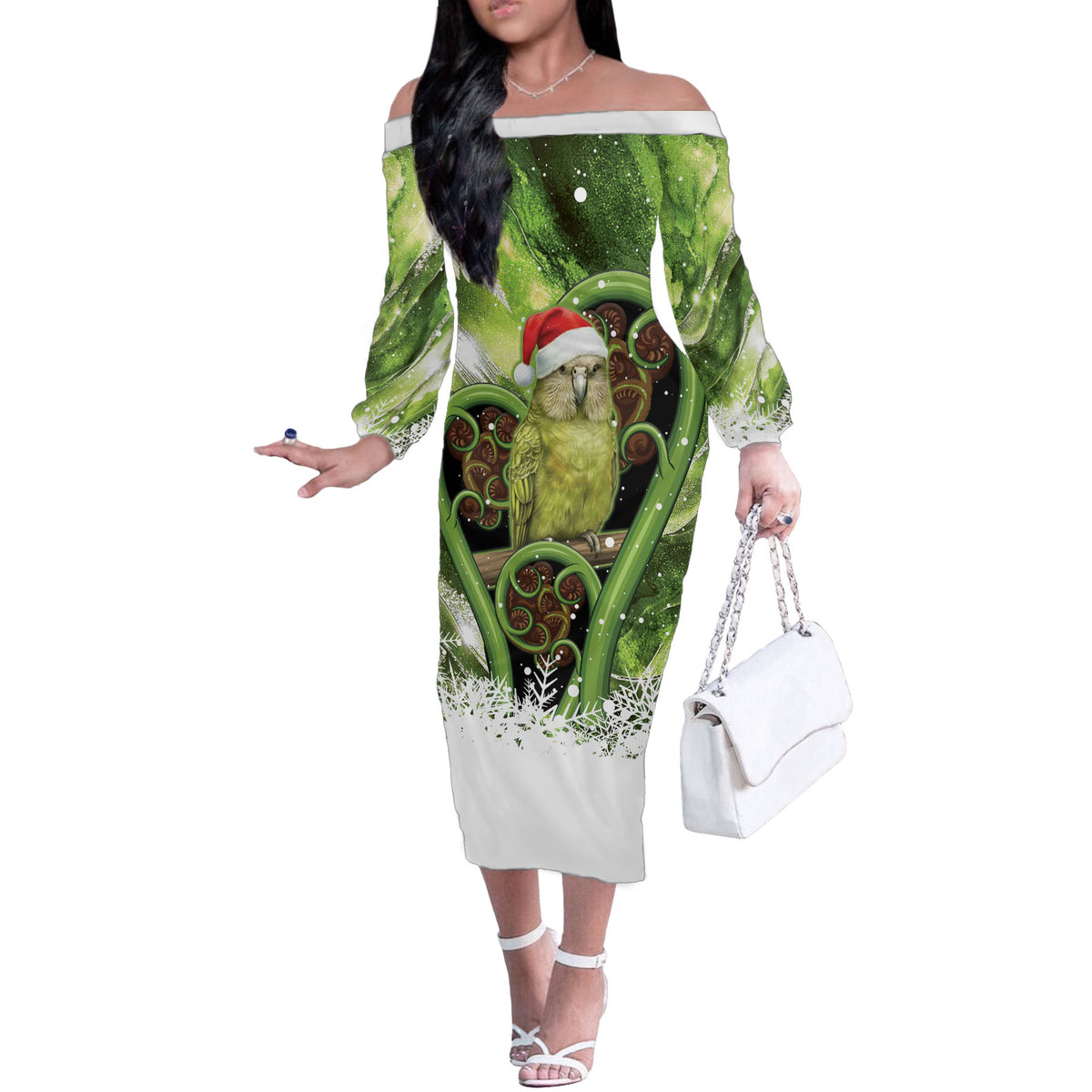Kakapo New Zealand Christmas In July Off The Shoulder Long Sleeve Dress NZ Aroha Koru Fern Marble Vibes LT14 Women Green - Polynesian Pride