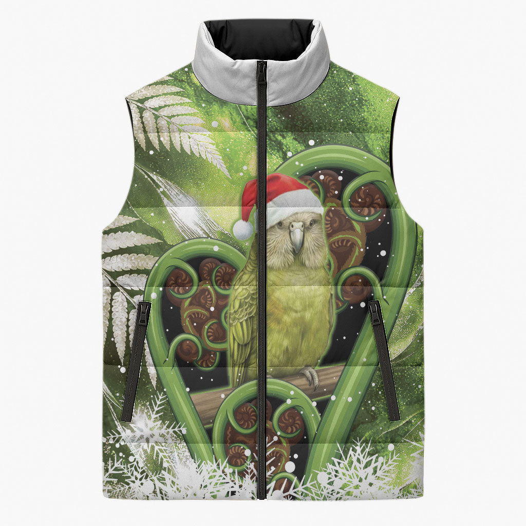 Kakapo New Zealand Christmas In July Sleeveless Puffer Jacket NZ Aroha Koru Fern Marble Vibes