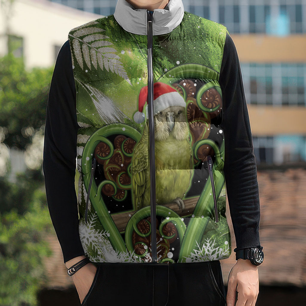 Kakapo New Zealand Christmas In July Sleeveless Puffer Jacket NZ Aroha Koru Fern Marble Vibes