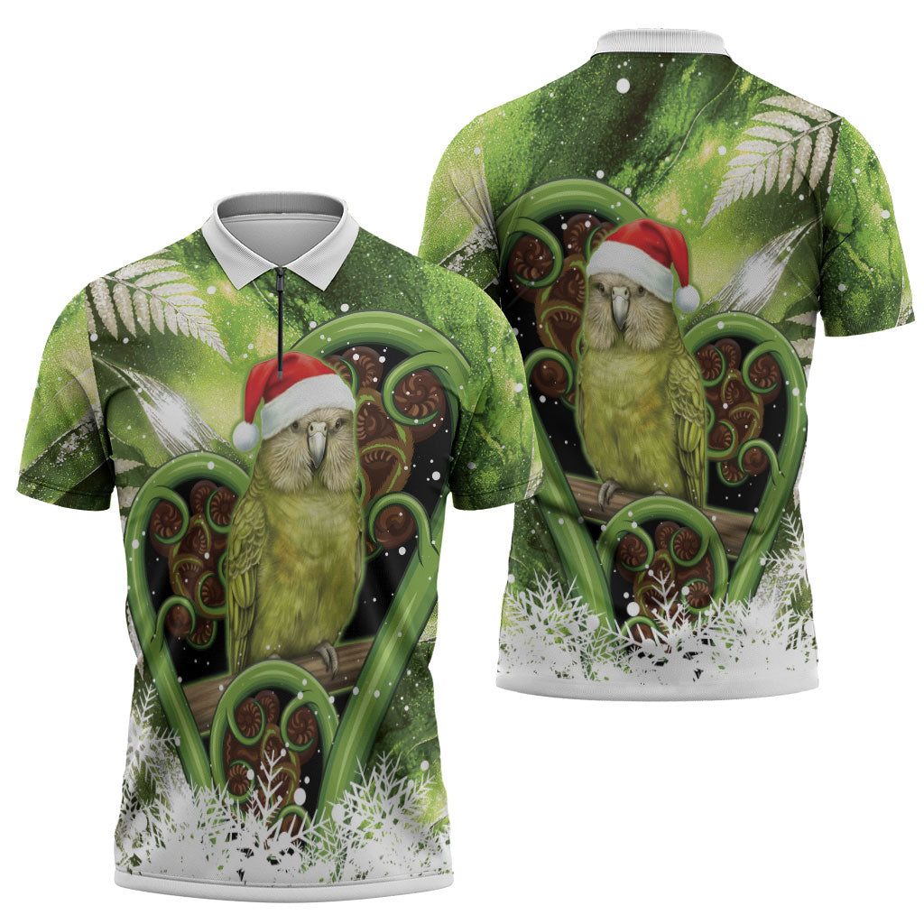 Kakapo New Zealand Christmas In July Zipper Polo Shirt NZ Aroha Koru Fern Marble Vibes LT14 - Polynesian Pride