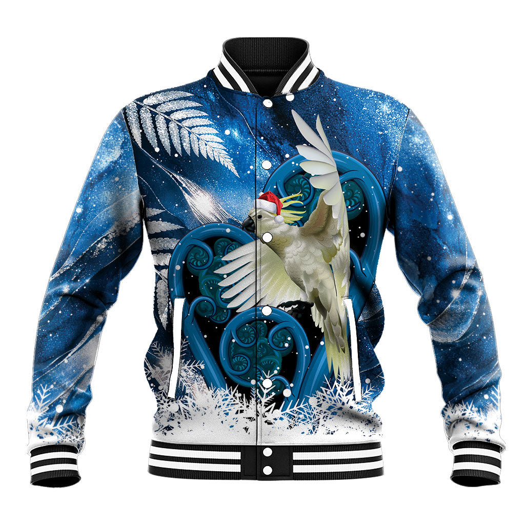 Sulphur-crested Cockatoo New Zealand Christmas In July Baseball Jacket NZ Aroha Koru Fern Marble Vibes LT14 Unisex Blue - Polynesian Pride