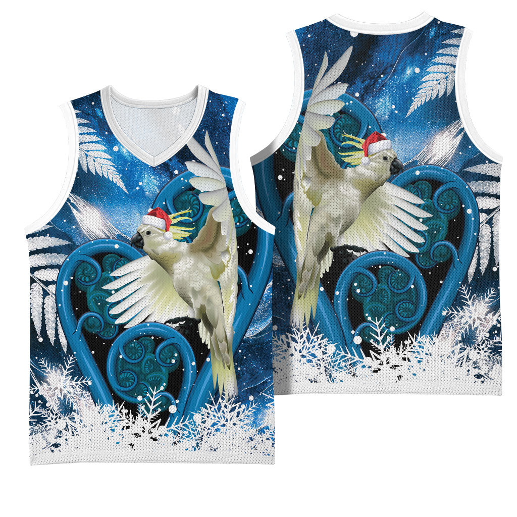 Sulphur-crested Cockatoo New Zealand Christmas In July Basketball Jersey NZ Aroha Koru Fern Marble Vibes LT14 - Polynesian Pride