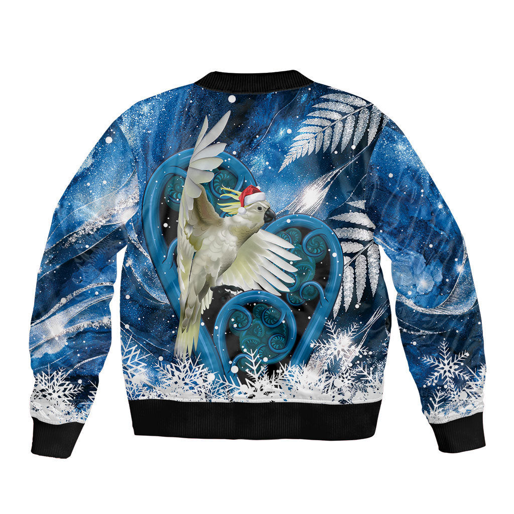 Sulphur-crested Cockatoo New Zealand Christmas In July Bomber Jacket NZ Aroha Koru Fern Marble Vibes