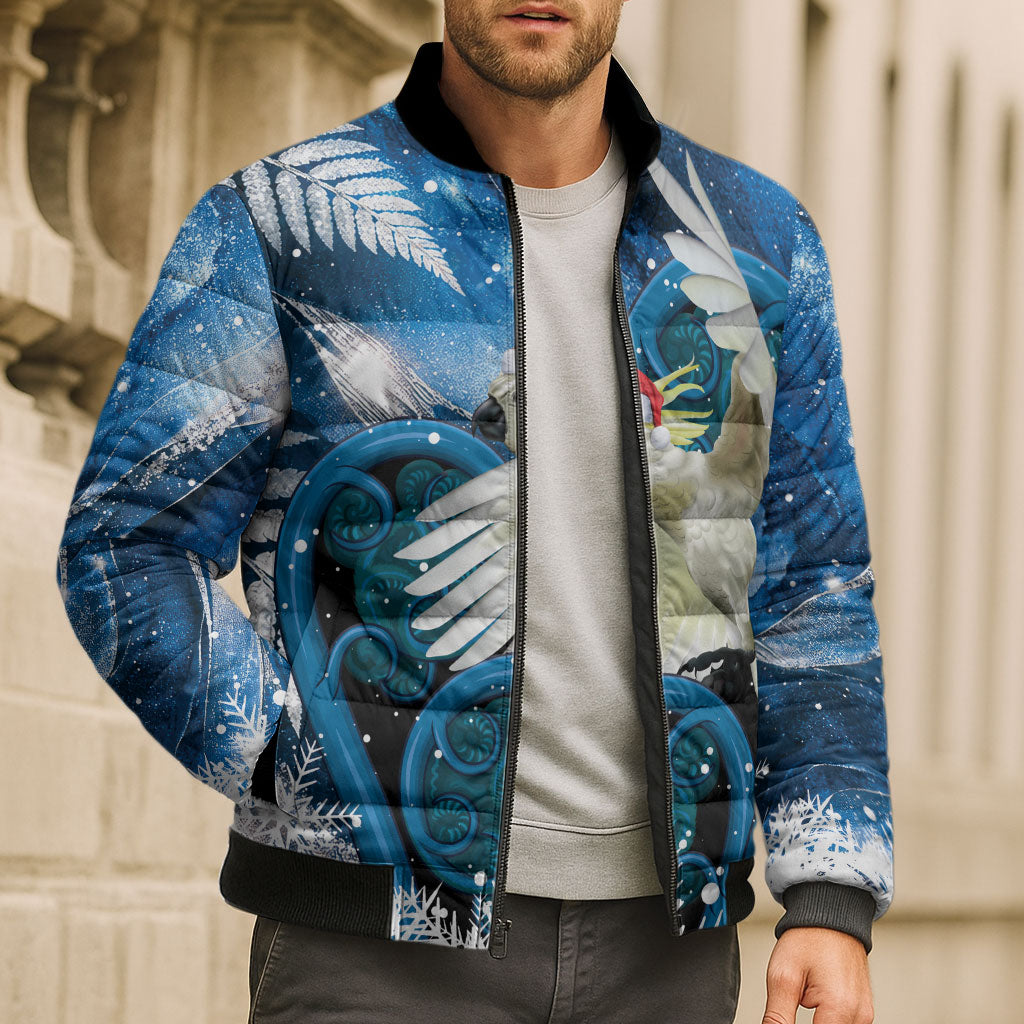 Sulphur-crested Cockatoo New Zealand Christmas In July Bomber Puffer Jacket NZ Aroha Koru Fern Marble Vibes
