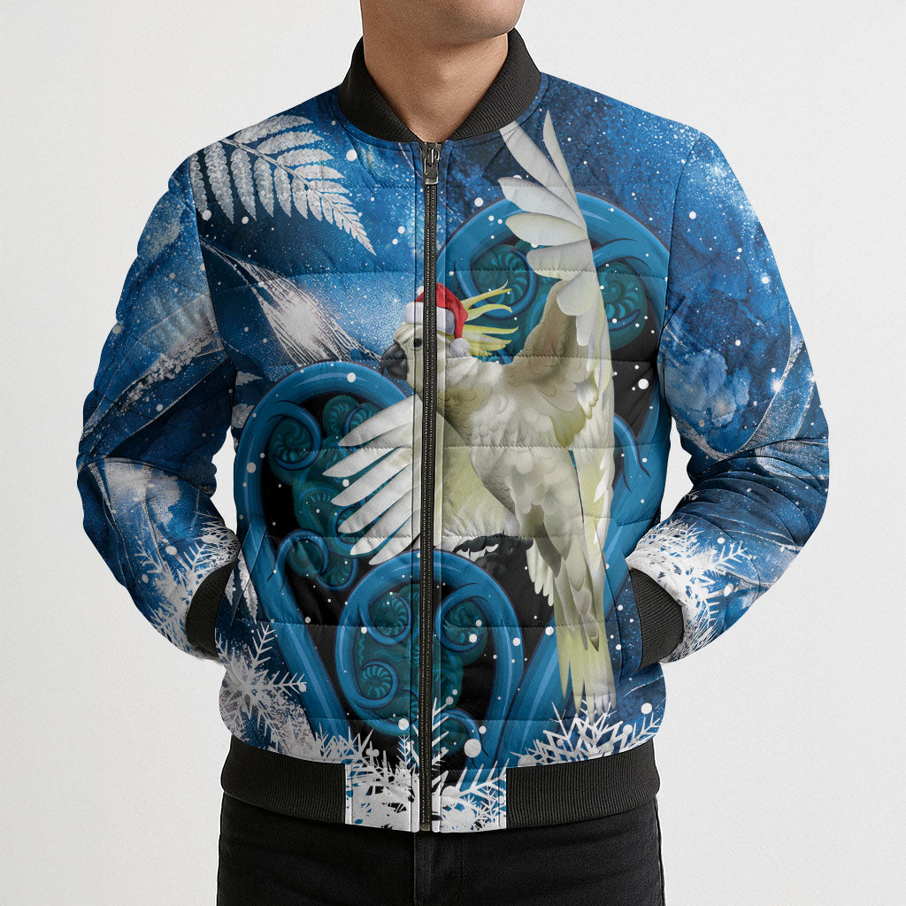 Sulphur-crested Cockatoo New Zealand Christmas In July Bomber Puffer Jacket NZ Aroha Koru Fern Marble Vibes