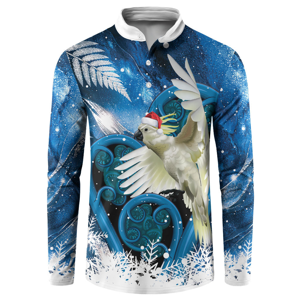 Sulphur-crested Cockatoo New Zealand Christmas In July Button Sweatshirt NZ Aroha Koru Fern Marble Vibes LT14 Blue - Polynesian Pride