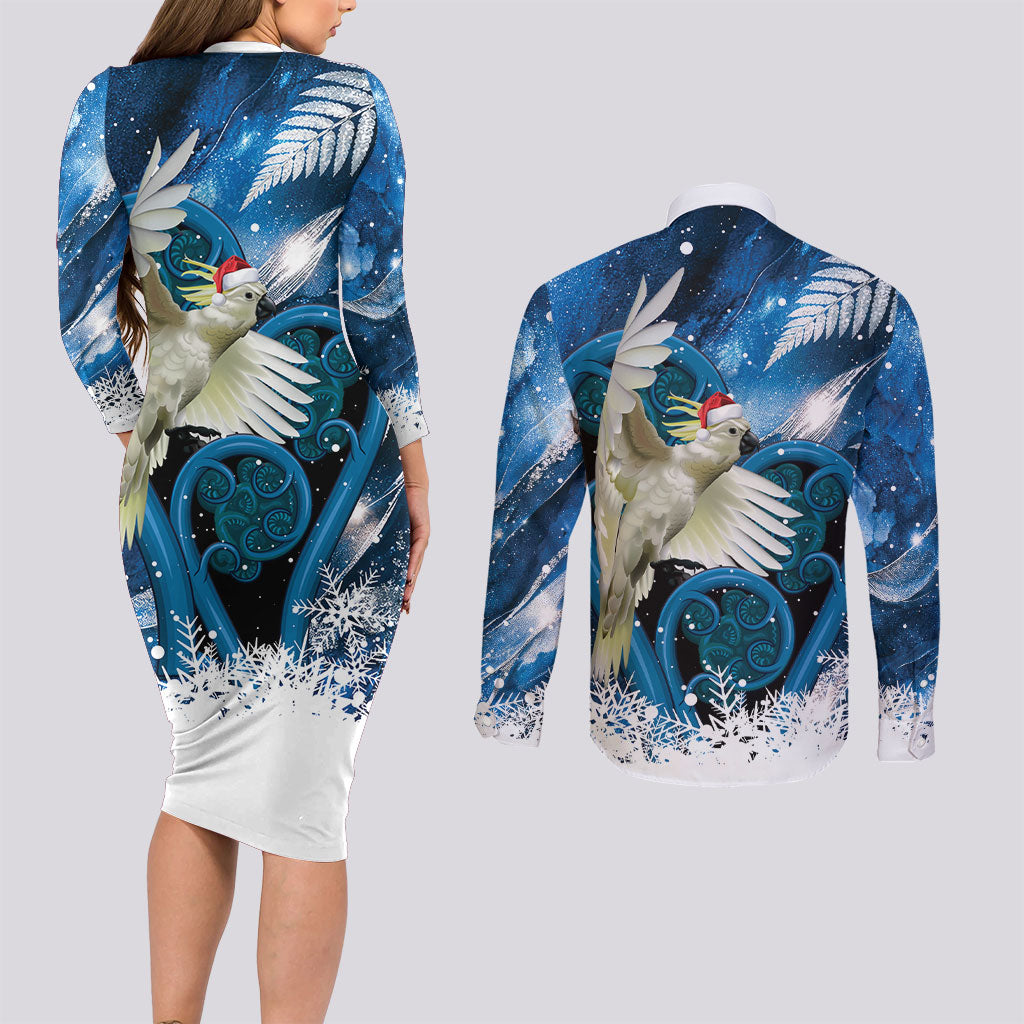 Sulphur-crested Cockatoo New Zealand Christmas In July Couples Matching Long Sleeve Bodycon Dress and Long Sleeve Button Shirt NZ Aroha Koru Fern Marble Vibes LT14 - Polynesian Pride