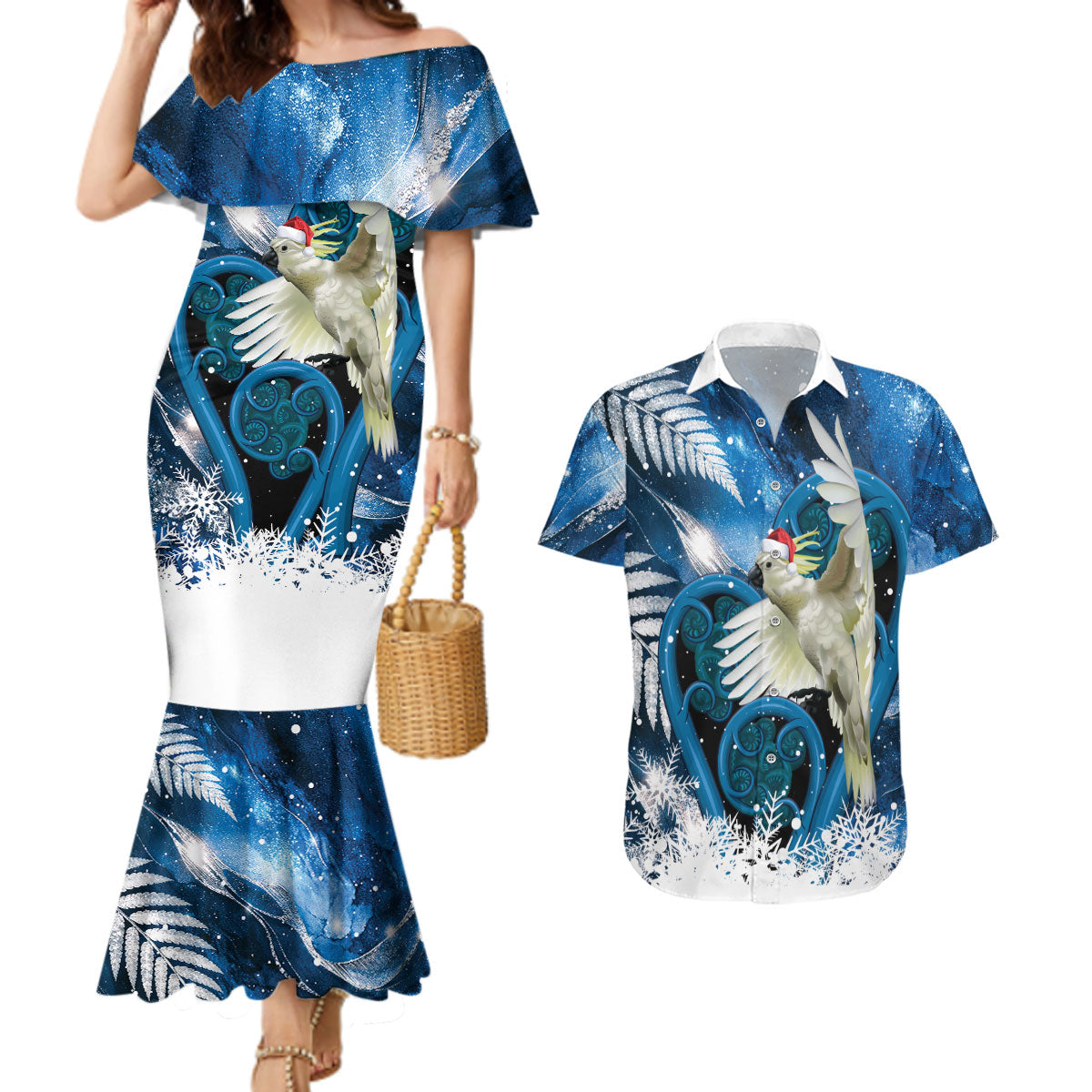 Sulphur-crested Cockatoo New Zealand Christmas In July Couples Matching Mermaid Dress and Hawaiian Shirt NZ Aroha Koru Fern Marble Vibes LT14 Blue - Polynesian Pride