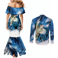 Sulphur-crested Cockatoo New Zealand Christmas In July Couples Matching Mermaid Dress and Long Sleeve Button Shirt NZ Aroha Koru Fern Marble Vibes LT14 - Polynesian Pride