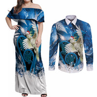 Sulphur-crested Cockatoo New Zealand Christmas In July Couples Matching Off Shoulder Maxi Dress and Long Sleeve Button Shirt NZ Aroha Koru Fern Marble Vibes LT14 Blue - Polynesian Pride