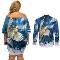 Sulphur-crested Cockatoo New Zealand Christmas In July Couples Matching Off Shoulder Short Dress and Long Sleeve Button Shirt NZ Aroha Koru Fern Marble Vibes LT14 - Polynesian Pride