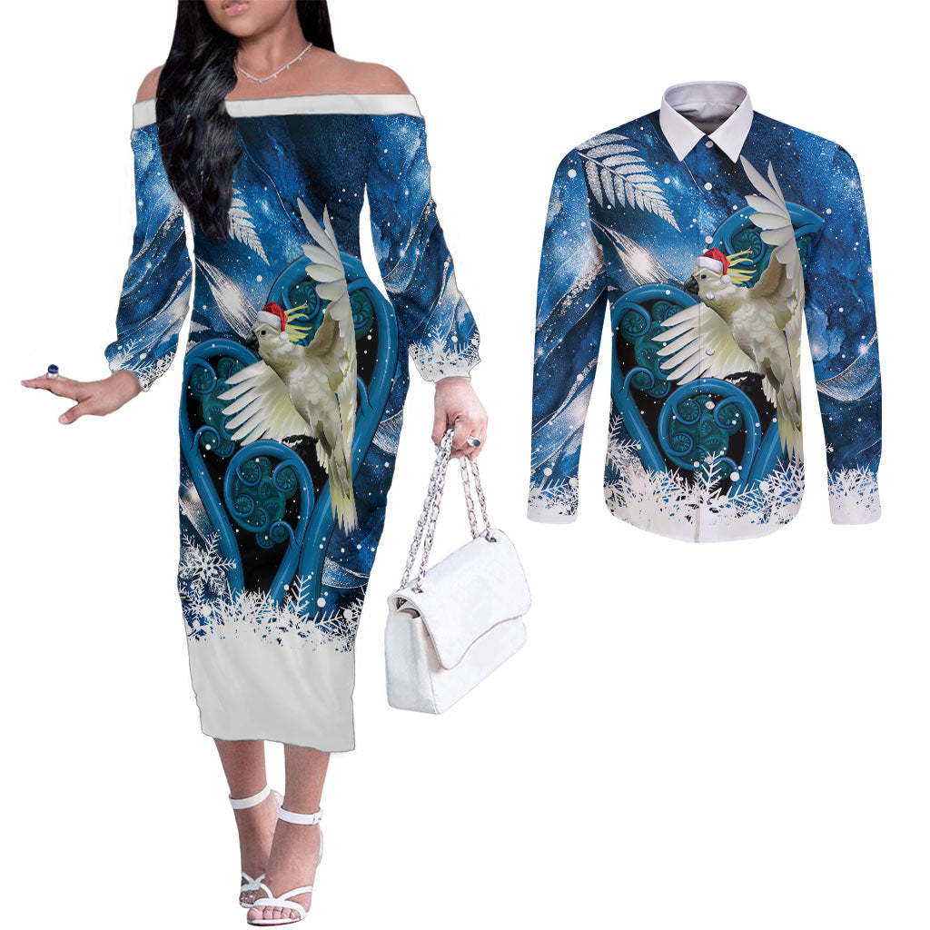 Sulphur-crested Cockatoo New Zealand Christmas In July Couples Matching Off The Shoulder Long Sleeve Dress and Long Sleeve Button Shirt NZ Aroha Koru Fern Marble Vibes LT14 Blue - Polynesian Pride