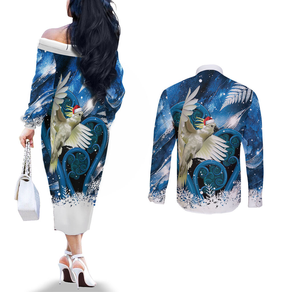Sulphur-crested Cockatoo New Zealand Christmas In July Couples Matching Off The Shoulder Long Sleeve Dress and Long Sleeve Button Shirt NZ Aroha Koru Fern Marble Vibes LT14 - Polynesian Pride