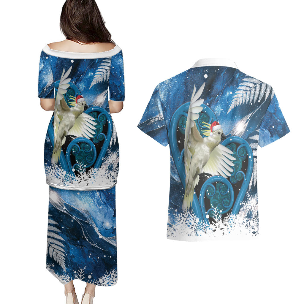 Sulphur-crested Cockatoo New Zealand Christmas In July Couples Matching Puletasi and Hawaiian Shirt NZ Aroha Koru Fern Marble Vibes LT14 - Polynesian Pride
