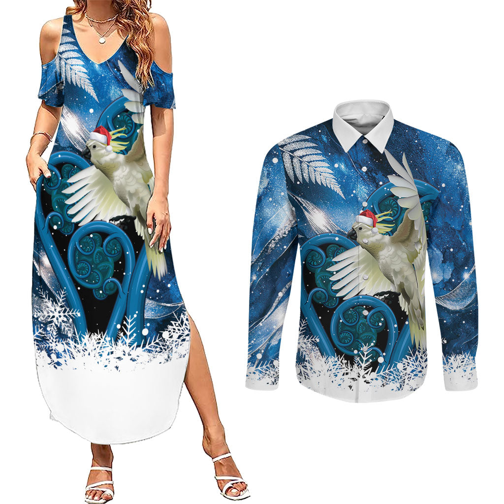 Sulphur-crested Cockatoo New Zealand Christmas In July Couples Matching Summer Maxi Dress and Long Sleeve Button Shirt NZ Aroha Koru Fern Marble Vibes LT14 Blue - Polynesian Pride