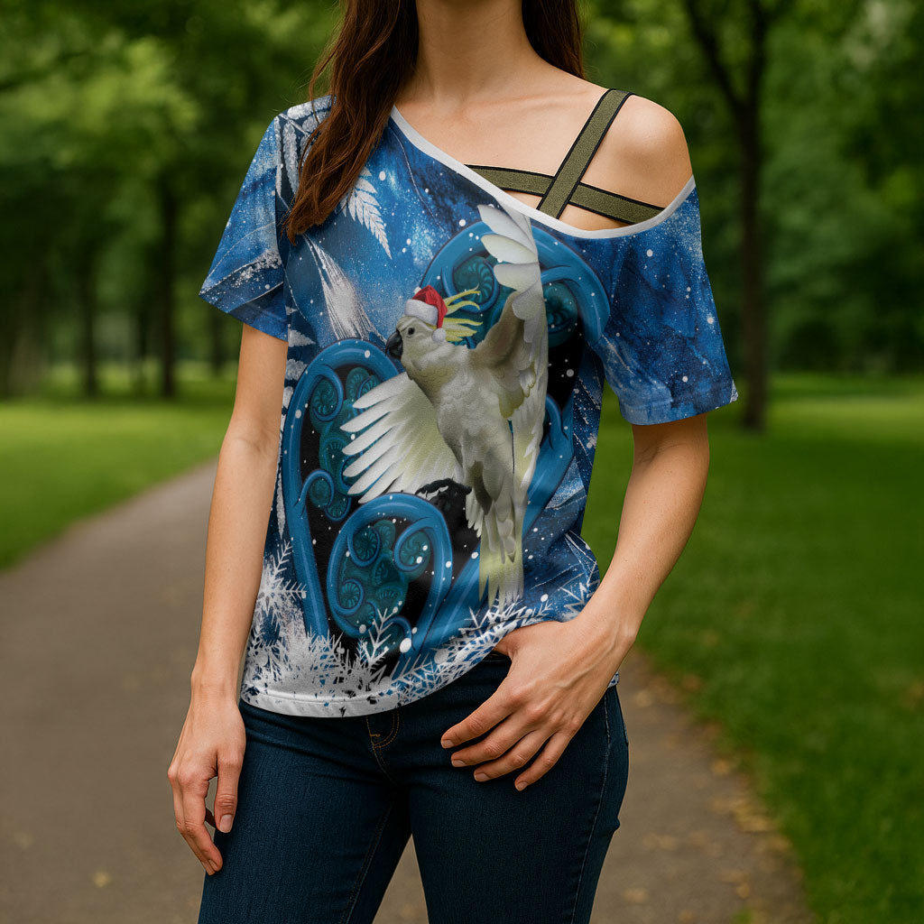 Sulphur-crested Cockatoo New Zealand Christmas In July Cross Shoulder Shirt NZ Aroha Koru Fern Marble Vibes LT14 - Polynesian Pride