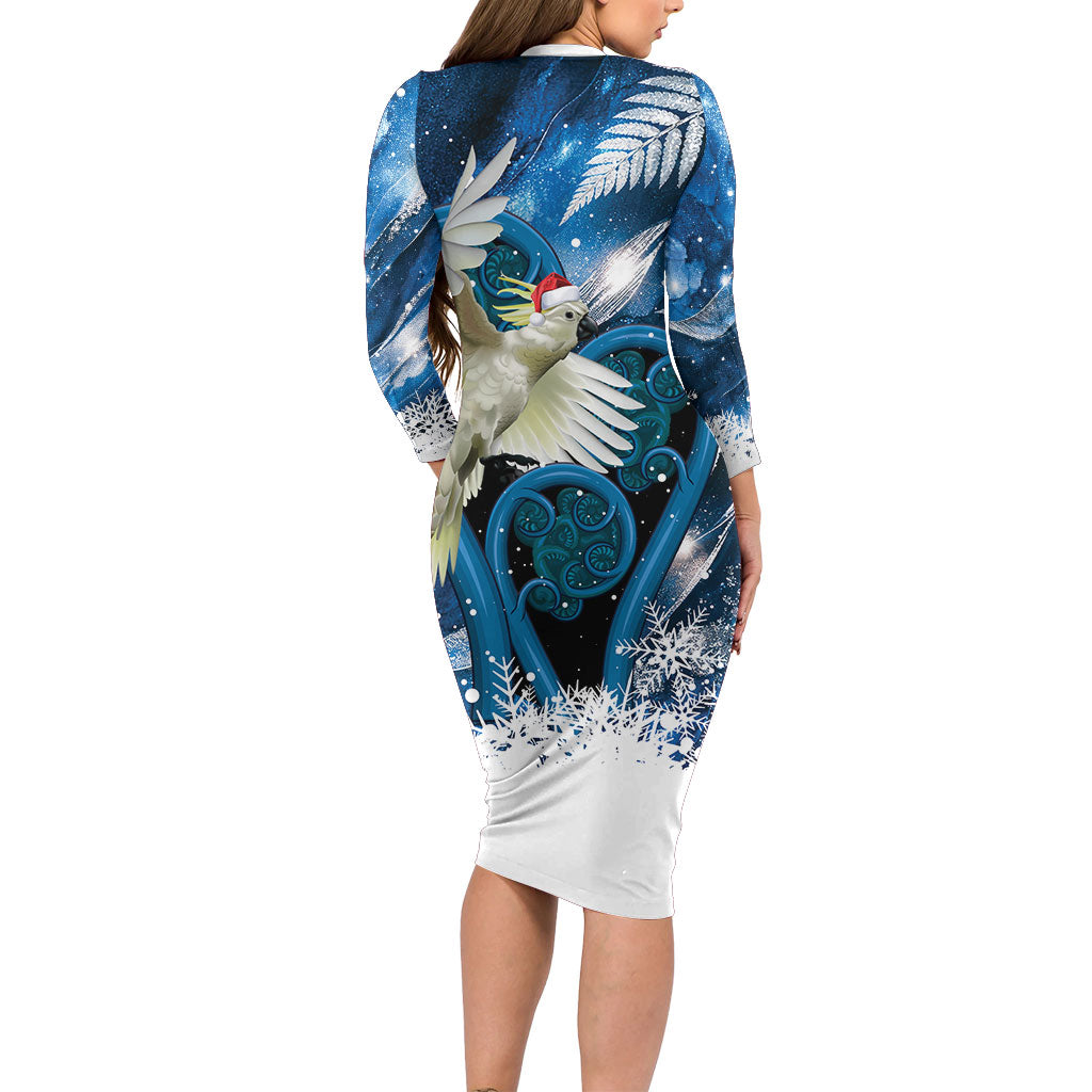 Sulphur-crested Cockatoo New Zealand Christmas In July Family Matching Long Sleeve Bodycon Dress and Hawaiian Shirt NZ Aroha Koru Fern Marble Vibes LT14 - Polynesian Pride