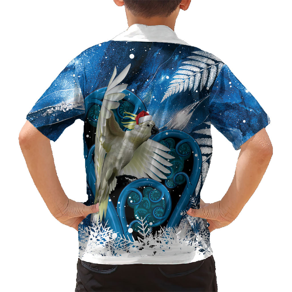 Sulphur-crested Cockatoo New Zealand Christmas In July Family Matching Off The Shoulder Long Sleeve Dress and Hawaiian Shirt NZ Aroha Koru Fern Marble Vibes LT14 - Polynesian Pride