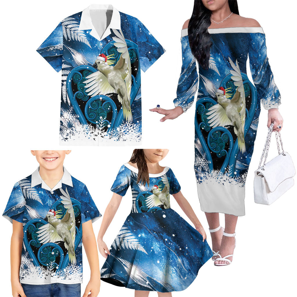Sulphur-crested Cockatoo New Zealand Christmas In July Family Matching Off The Shoulder Long Sleeve Dress and Hawaiian Shirt NZ Aroha Koru Fern Marble Vibes LT14 - Polynesian Pride