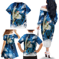 Sulphur-crested Cockatoo New Zealand Christmas In July Family Matching Off The Shoulder Long Sleeve Dress and Hawaiian Shirt NZ Aroha Koru Fern Marble Vibes LT14 - Polynesian Pride