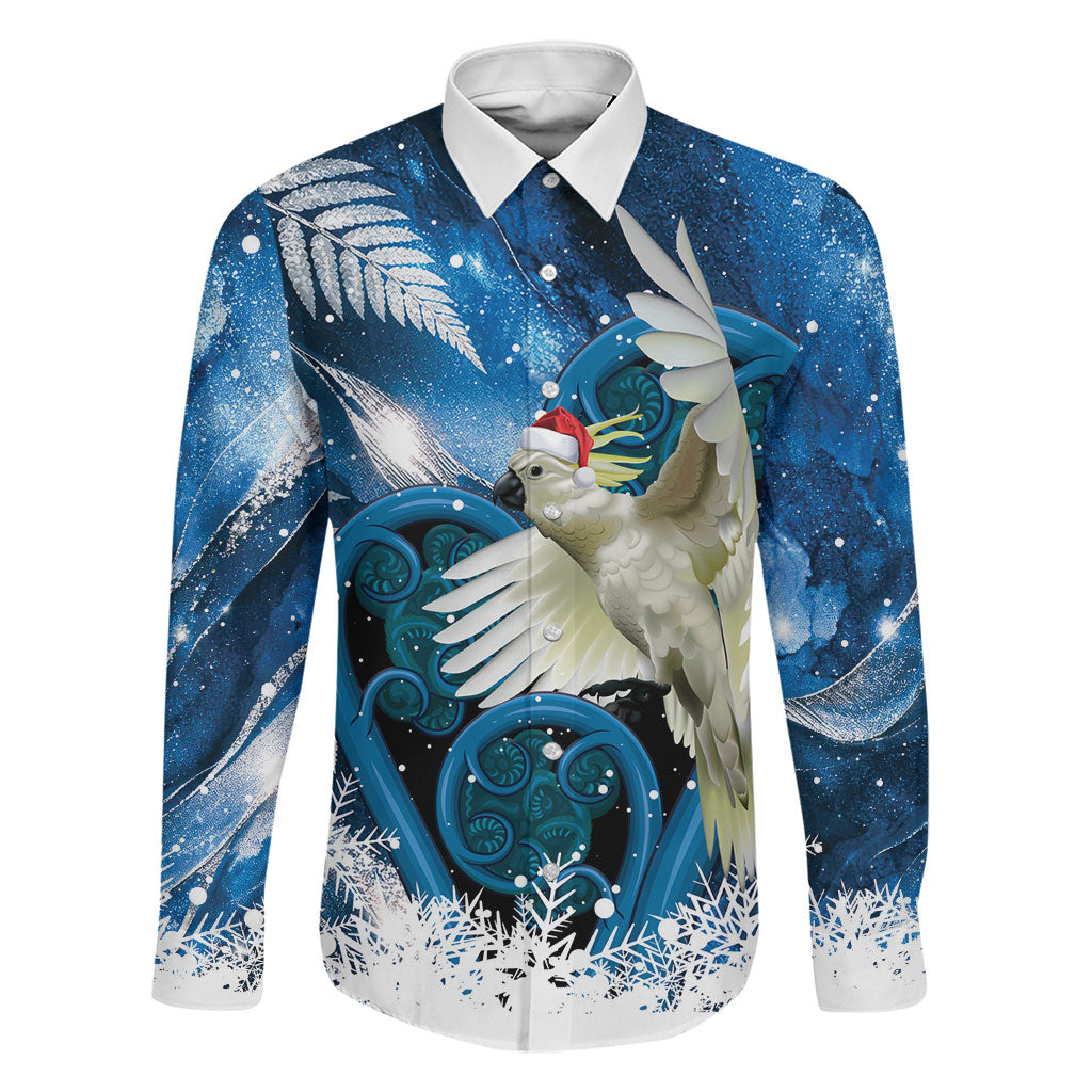 Sulphur-crested Cockatoo New Zealand Christmas In July Family Matching Off The Shoulder Long Sleeve Dress and Hawaiian Shirt NZ Aroha Koru Fern Marble Vibes LT14 Dad's Shirt - Long Sleeve Blue - Polynesian Pride