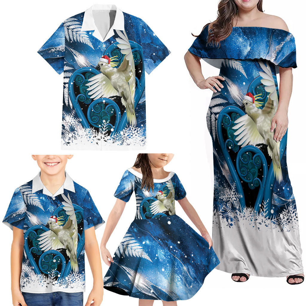 Sulphur-crested Cockatoo New Zealand Christmas In July Family Matching Off Shoulder Maxi Dress and Hawaiian Shirt NZ Aroha Koru Fern Marble Vibes LT14 - Polynesian Pride